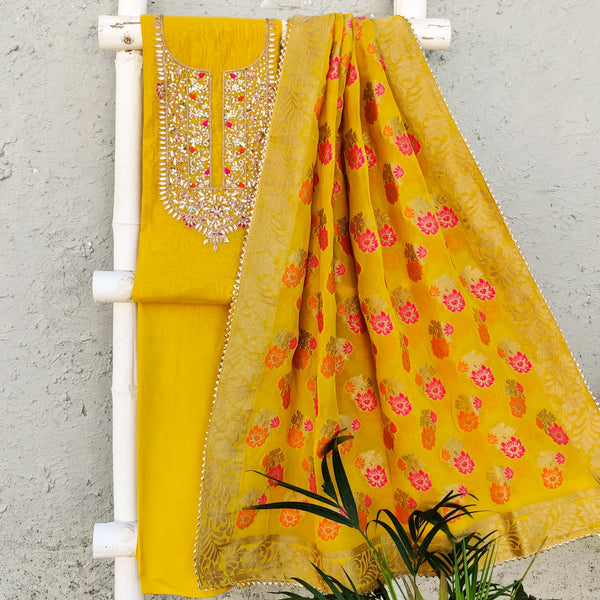 RANISA - Monochrome Chanderi Embroidered Haldi Suit With A Beautiful Rich Banarasi Dupatta