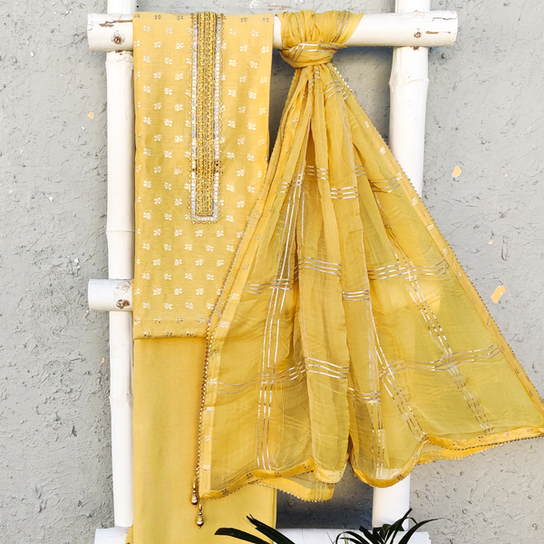 RANISA - Monocrome Pastel Yellow Brocade Top With Plain Bottom With Gota Chiffon Dupatta