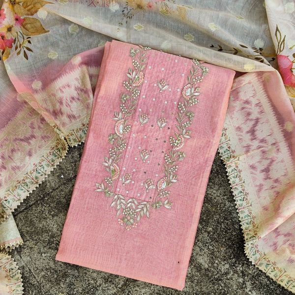 RANISA - Peach Cotton Silk Embroidered Top Fabric With Rayon Bottom And A Digitally Printed Dupatta