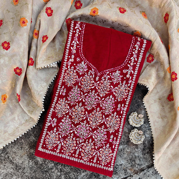 RANISA- Red Mughal Motif Embroidered Yoke Top Fabric With A Rayon Bottom And A Beautiful Beige Banarasi Dupatta