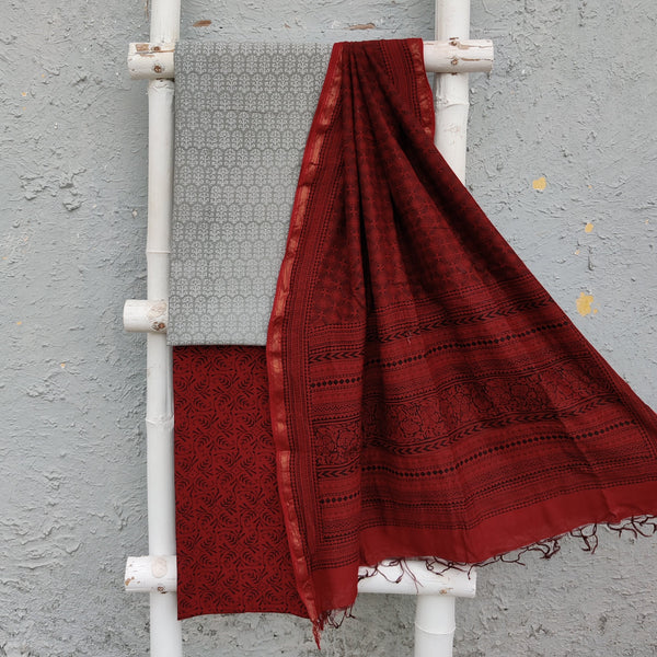 RATIKA- Pure South Cotton Grey Self Hand Block Print Top Fabric With Maroon Discharge Bottom And A Maroon Chanderi Dupatta