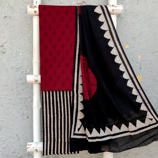 REKHA - Pure Cotton Printed Top With Stripes Bottom And A Pure Cotton Batik Dupatta