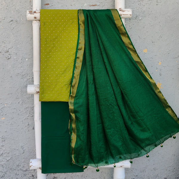 RESHAM - Light Green Butti Embroidered Top With Dark Green Doriya Dupatta