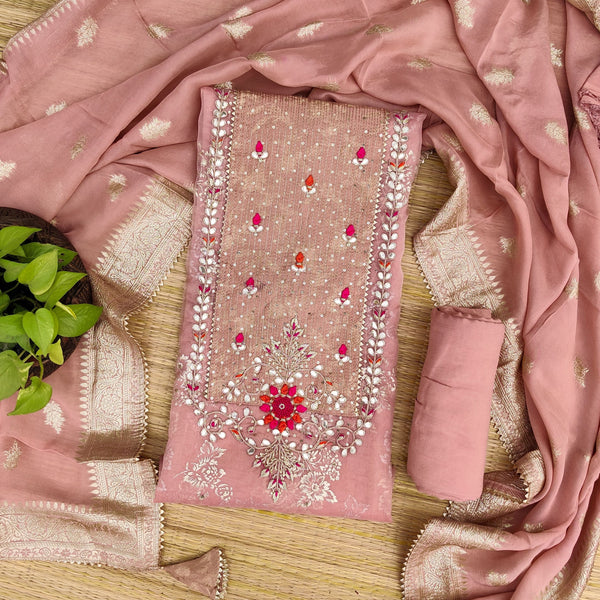 REVTI - Pink Organza Heavy Embroidered Top Fabric With A Rayon Bottom And Banarasi Brocade Dupatta