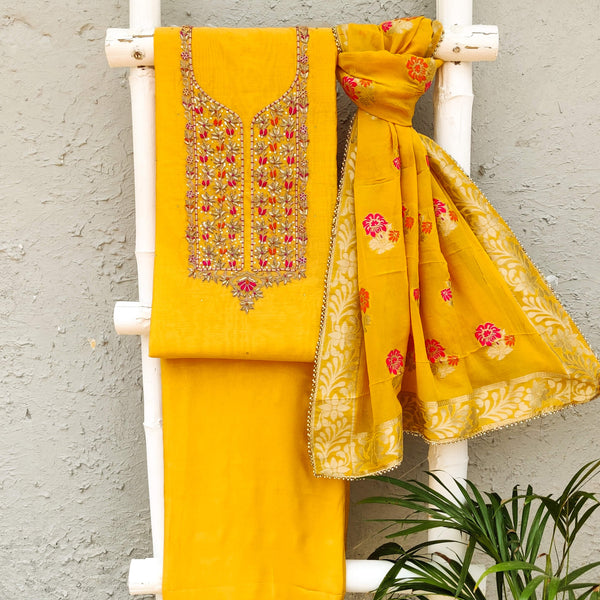 RITU- Spring Mustard Chanderi With Zardozi Embroidered Suitpiece And A Chiffon Banarasi Dupatta