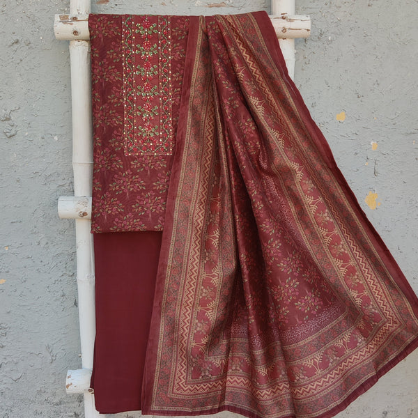 ROOH - Digitally Printed Floral Brown  With Neck Yoke Embroidery Plain Brown Cotton Bottom And A Digitally Printed Cotton Silk Dupatta