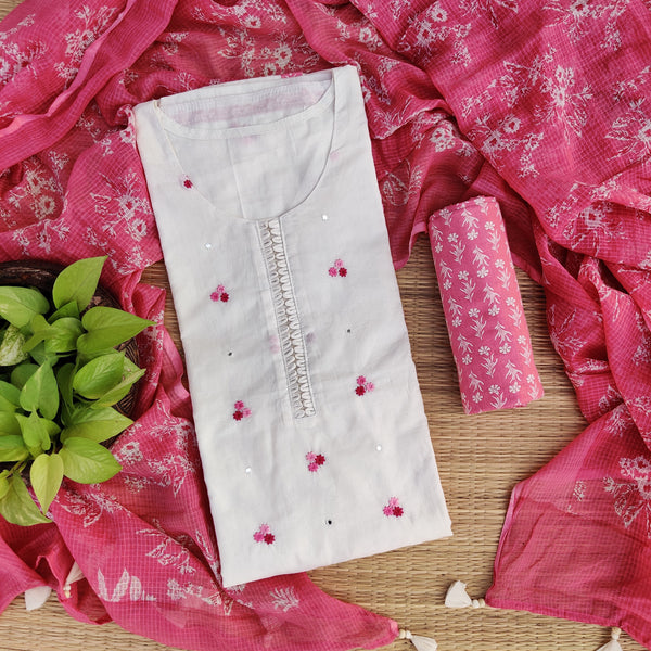 ROOHI - Pure Cotton Cream Embroidered Top Fabric With A Printed Bottom And A Kota Doria Cotton Dupatta Pink