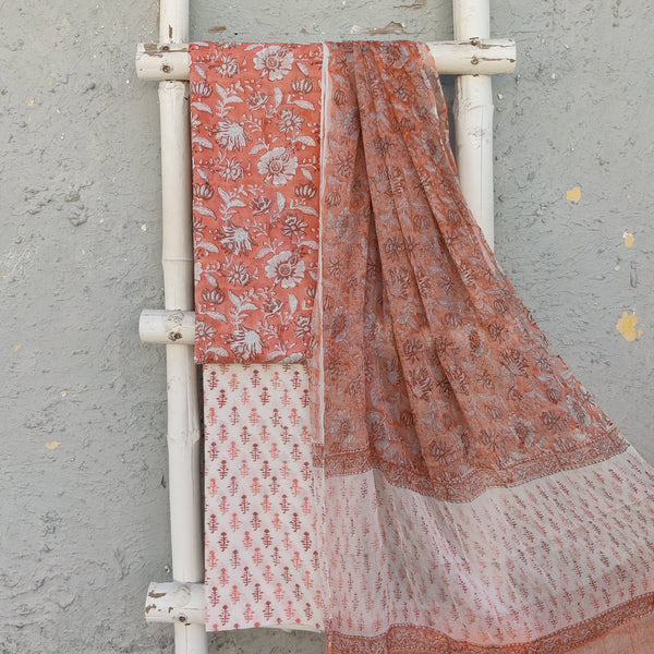 ROZANA - Peachy Orange Pure Cotton Jaipuri Jaal Hand Block Print Top Fabric With Pure Cotton Jaipuri Bottom And A Printed Chiffon Dupatta