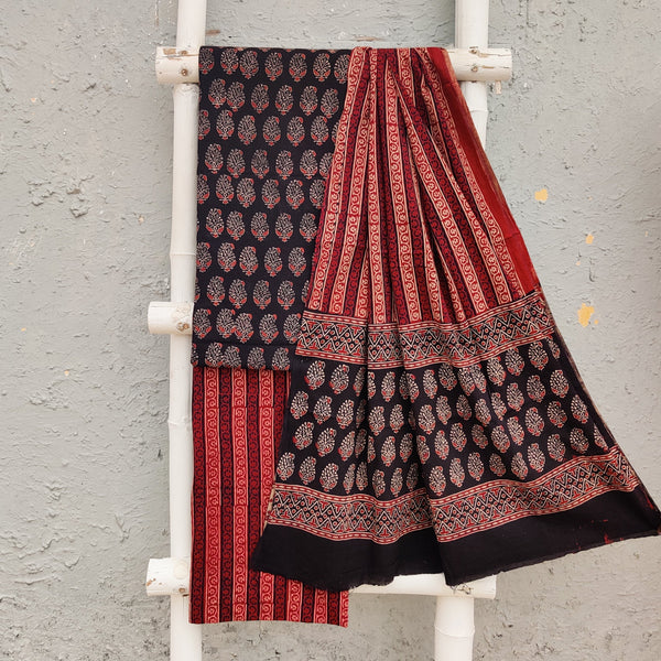 ROZANA - Pure Cotton Ajrak Earthy Black Kairi Top Fabric With Earthy Black Bottom And A Cotton Dupatta