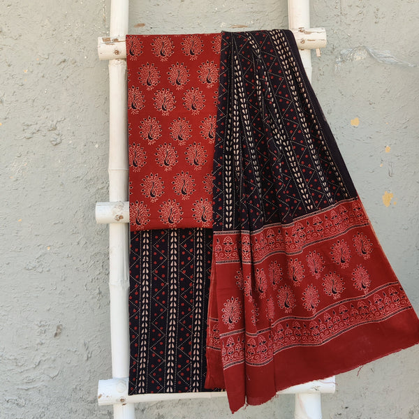 ROZANA - Pure Cotton Ajrak Earthy Rust Ajrak Peacock Top Fabric With Earthy Black Bottom And A Cotton Dupatta