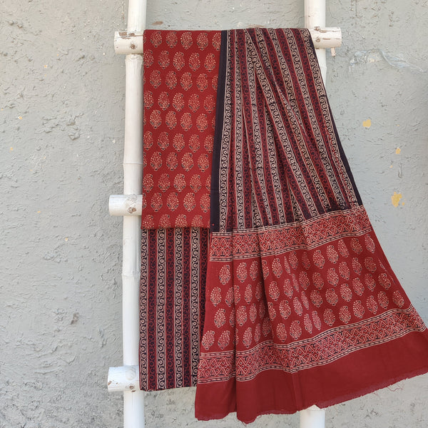 ROZANA - Pure Cotton Ajrak Earthy Rust Kairi Top Fabric With Earthy Black Bottom And A Cotton Dupatta