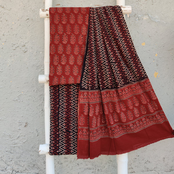 ROZANA - Pure Cotton Ajrak Earthy Rust Leafy Plant Top Fabric With Earthy Black Bottom And A Cotton Dupatta