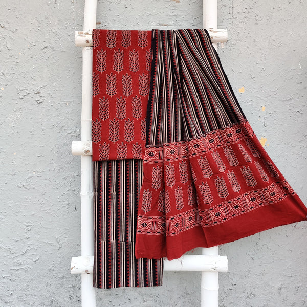 ROZANA - Pure Cotton Ajrak Earthy Rust Leafy Plant Top Fabric With Rust Bottom And A Cotton Dupatta