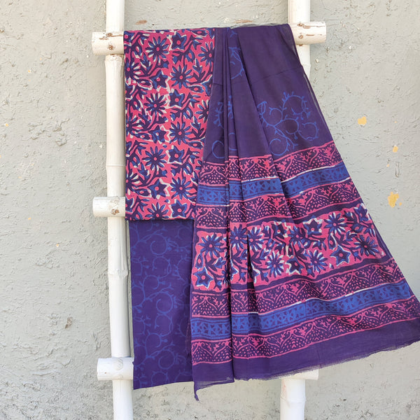 ROZANA - Pure Cotton Dabu Purple With Indigo Jaal Hand Block Print Suit Fabric