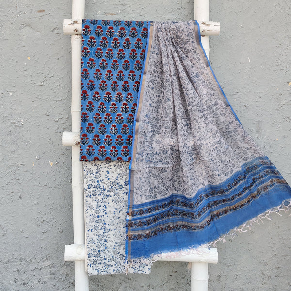 ROZANA - Pure Cotton Daily Wear Blue Top With Ajrak Motifs White Floral Botttom And Kota Dupatta Set