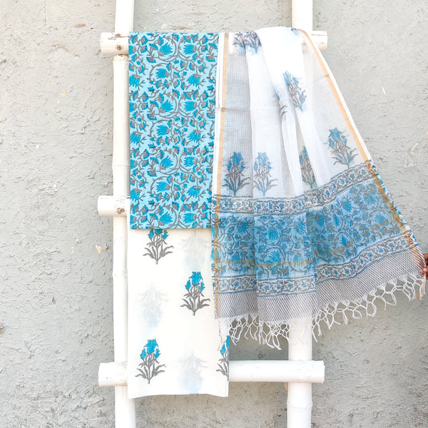 ROZANA - Pure Cotton Daily Wear Blue With Lotus Jaal A White Mughal Bottom And A Kota Dupatta Set