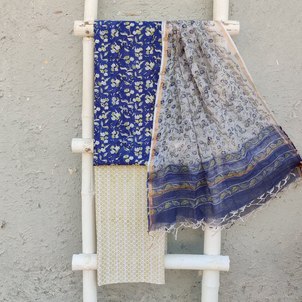 ROZANA - Pure Cotton Daily Wear Blue With White Green Tiny Jaal A White Bottom And Kota Dupatta