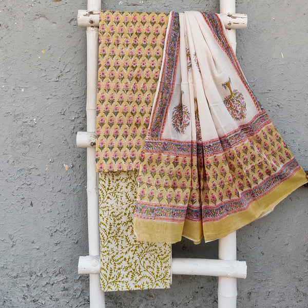 ROZANA - Pure Cotton Daily Wear Pale Yellow With Pink Flowers Cotton Dupatta