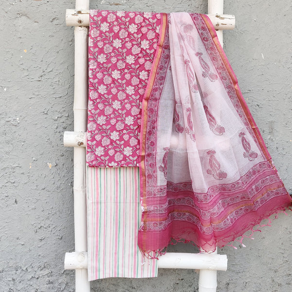 ROZANA - Pure Cotton Daily Wear Pink Jaal With Stripes Bottom And Kota Dupatta Set