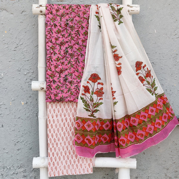 ROZANA - Pure Cotton Daily Wear Pink Small Floral Jaal Top With White Cotton Dupatta Set