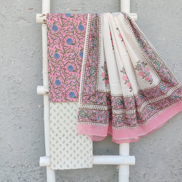 ROZANA - Pure Cotton Daily Wear Pink With Blue Floral Jaal Top With White Bottom And A Cotton Dupatta Set