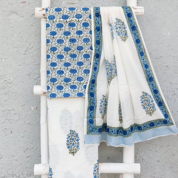 ROZANA - Pure Cotton Daily Wear Simple White With Blue Marrigold Farm With White Mughal Bottom And A Cotton Dupatta Set