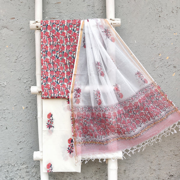 ROZANA - Pure Cotton Daily Wear White With Pink Lotus Creeper With A Cotton Dupatta Set