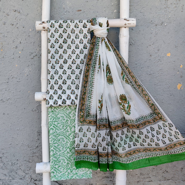 ROZANA - Pure Cotton Daily Wear White With Tiny Green Plant Motifs Cotton Dupatta Set