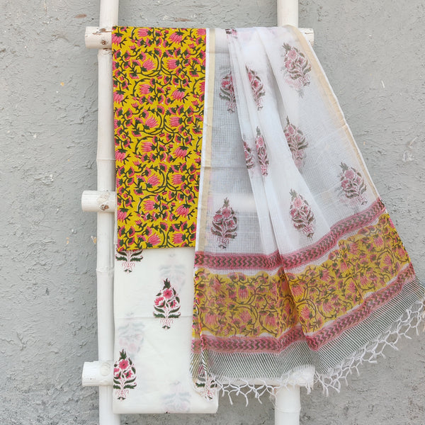 ROZANA - Pure Cotton Daily Wear Yellow With Lotus Jaal A White Mughal Bottom And A Kota Dupatta Set