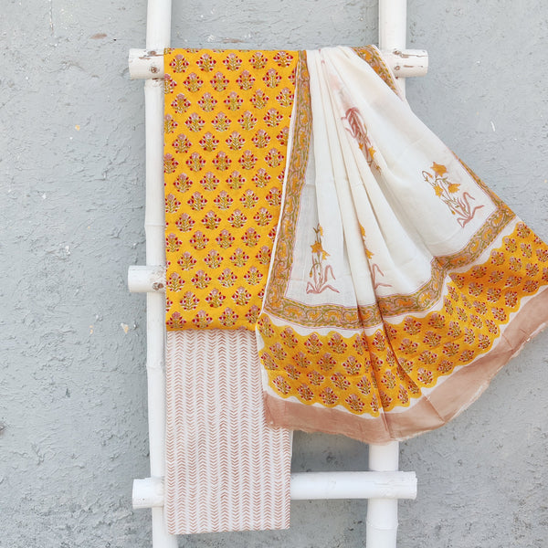 ROZANA - Pure Cotton Daily Wear Yellow With Tiny Pink Flowers Plant Top And White Bottom With A Cotton Dupatta Set