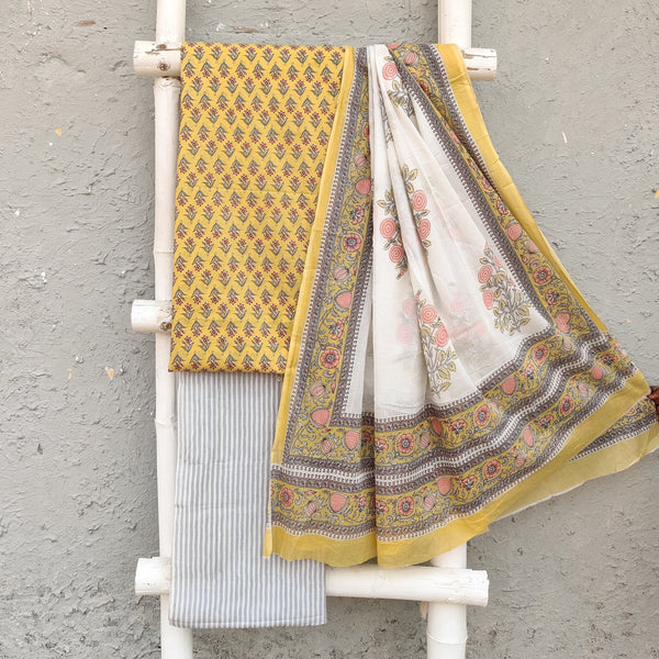 ROZANA - Pure Cotton Daily Wear Yellow With Tiny Pink Flowers Top And A Stripes Bottom With A Cotton Dupatta Set