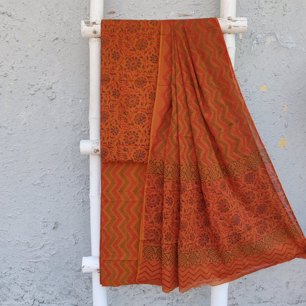 ROZANA - Pure Cotton Gamthi Earthy Orange Brown Hand Block Print Suit Fabric