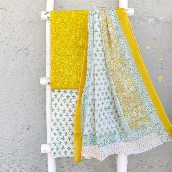 ROZANA - Pure Cotton Gamthi Yellow With Self Flowers Jaal White Base Bottom And A Cotton Dupatta