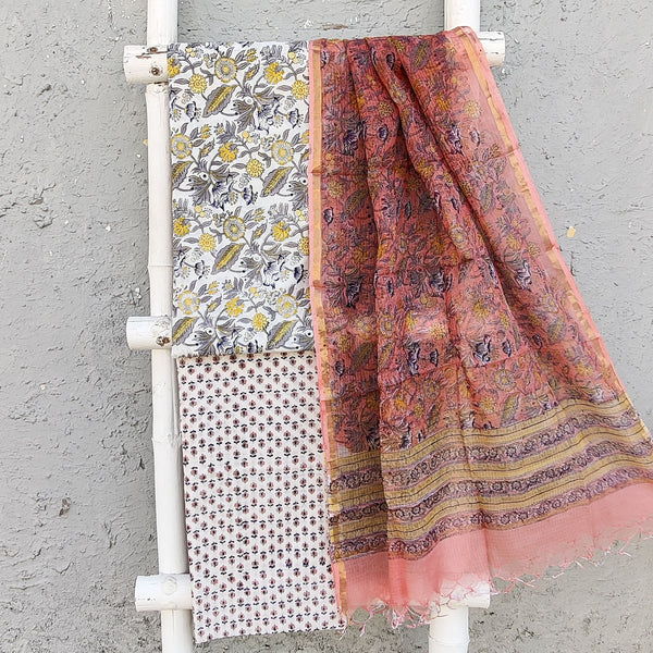 ROZANA - Pure Cotton Jaipuri White Wild Jungle Top With White Botom And A Peach Pink Kota Dupatta