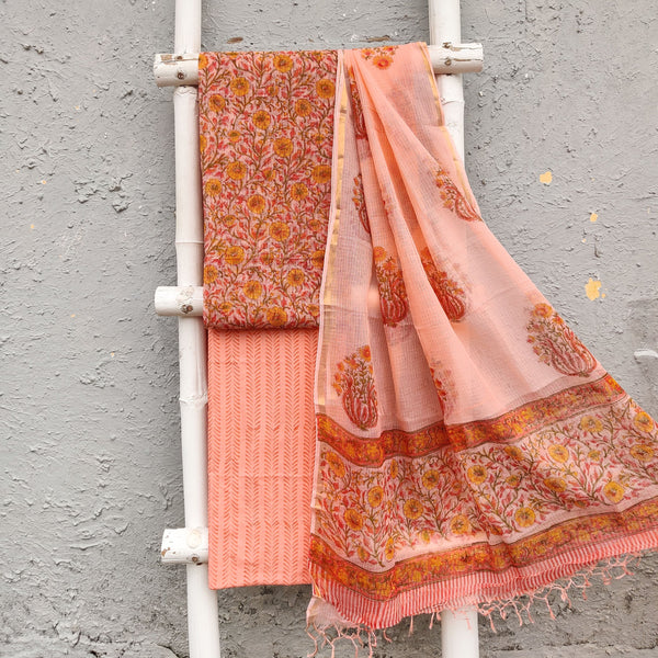 ROZANA - Pure Cotton Kota Top Kota Dupatta Unstitched Suit Piece Peach