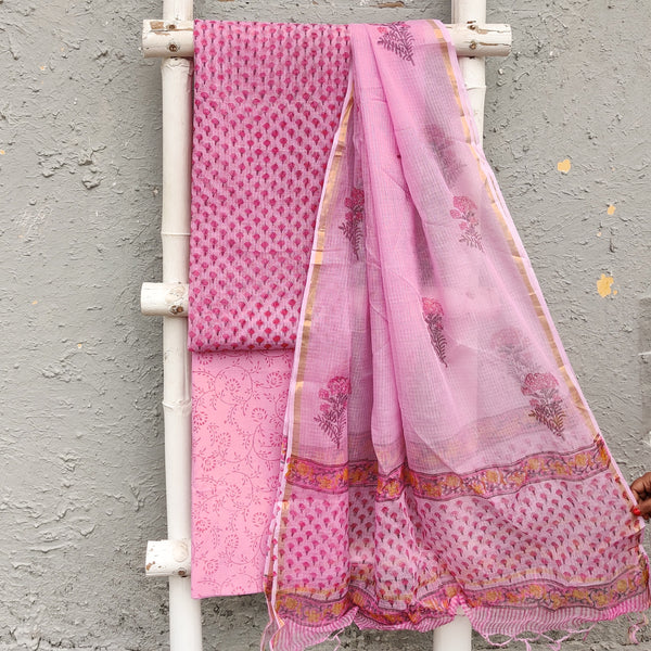 ROZANA - Pure Cotton Kota Top Kota Dupatta Unstitched Suit Piece Pinkish