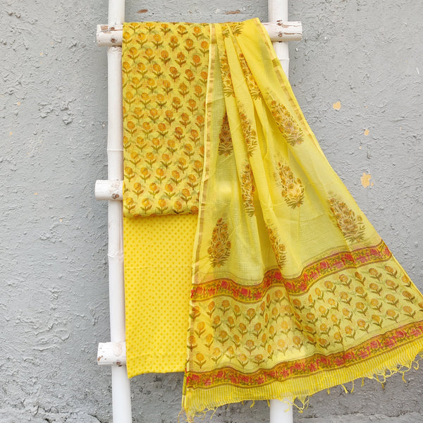 ROZANA - Pure Cotton Kota Top Kota Dupatta Unstitched Suit Piece Yellow