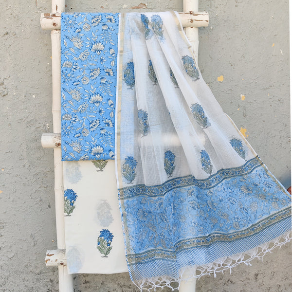 ROZANA - Pure Cotton Light Blue Jaipuri Jaal With White Pure Cotton Mughal Bottom And A Kota Doriya Dupatta