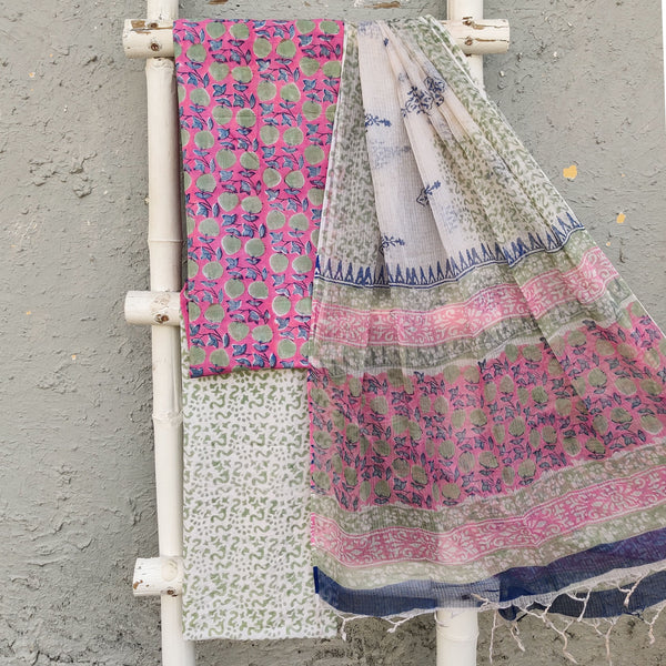 ROZANA - Pure Cotton Pink With Green Floral Jaal Kota Dupatta Unstitched Suit Set