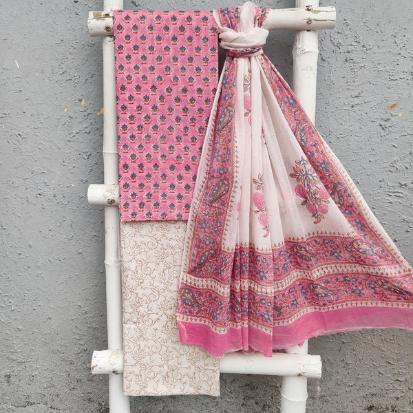 ROZANA - Pure Cotton Top Bottom And Dupatta Suit Piece Pink With Blue Motifs