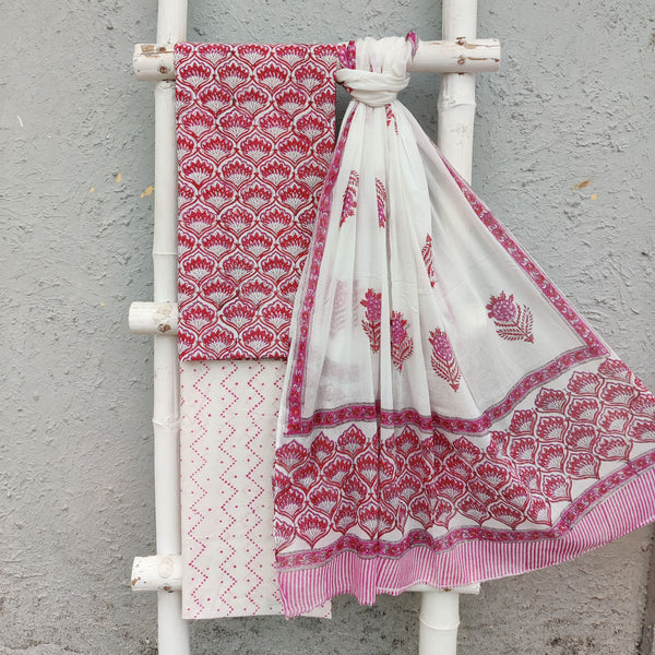 ROZANA - Pure Cotton Top Bottom And Dupatta Suit Piece Red And Pink All Over Pattern