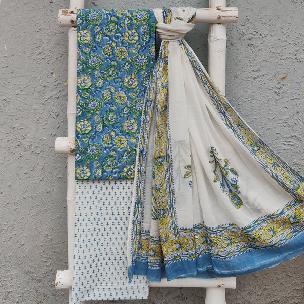 ROZANA - Pure Cotton Top Bottom And Dupatta Suit Piece With Blue And Yellow Jaal