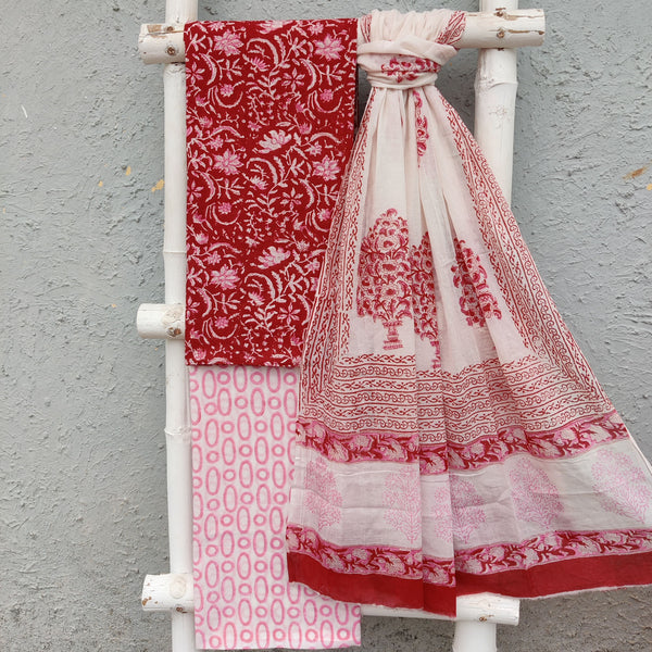 ROZANA - Pure Cotton Top Bottom And Dupatta Suit Piece With Red Jaal