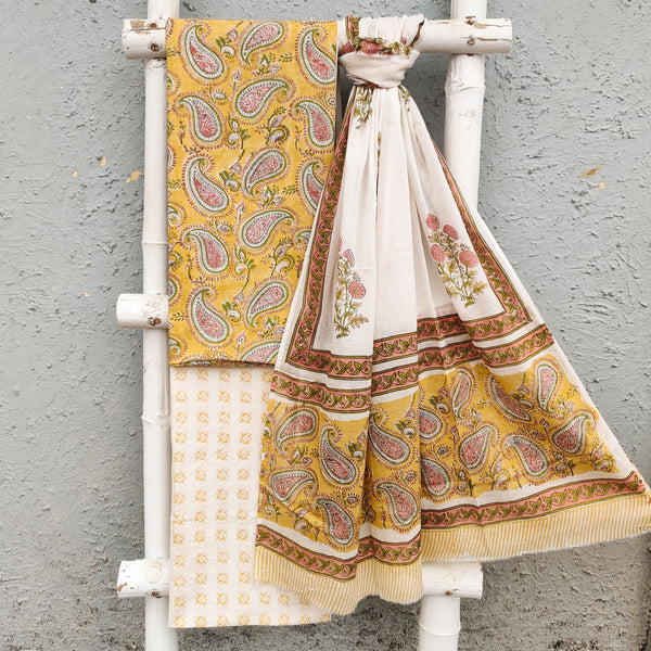 ROZANA - Pure Cotton Top Bottom And Dupatta Suit Piece Yellow With Kairi Jaal