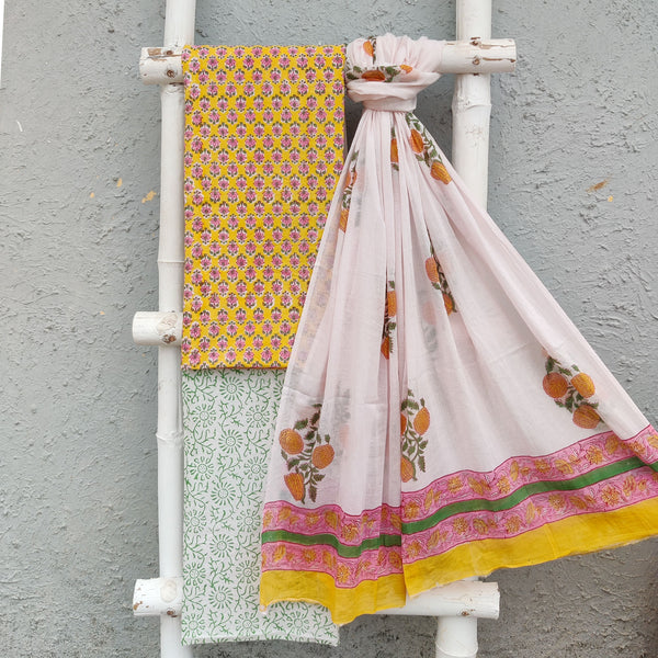 ROZANA - Pure Cotton Top Bottom And Dupatta Suit Piece Yellow With Pink Motifs