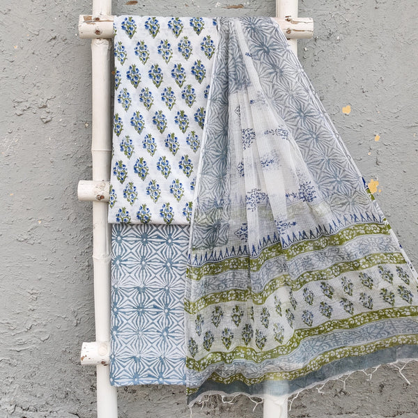 ROZANA - Pure Cotton White With Blue Green Motifs With Kota Dupatta Unstitched Suit Set