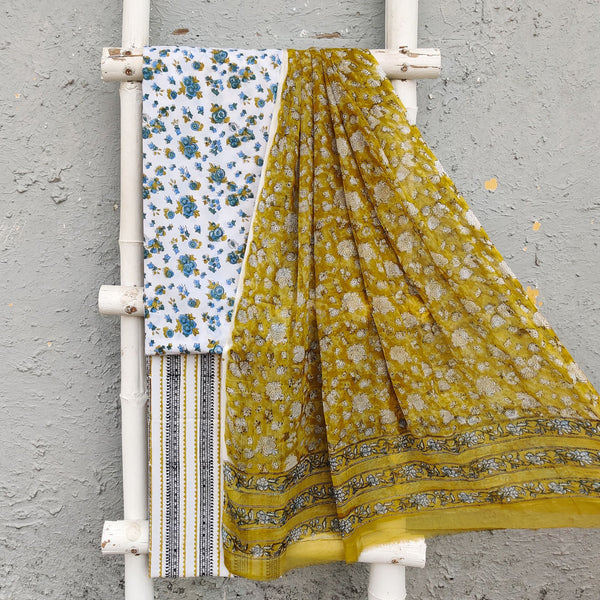 ROZANA - Pure Cotton White With Yellow Green Chiffon Dupatta Unstitched Suit Set