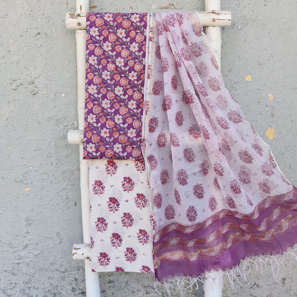 ROZANA - Purple Floral Pure Cotton Jaipuri Jaal Hand Block Print Top Fabric With Pure Cotton Jaipuri Bottom And A Hand Block Printed Kota Dupatta