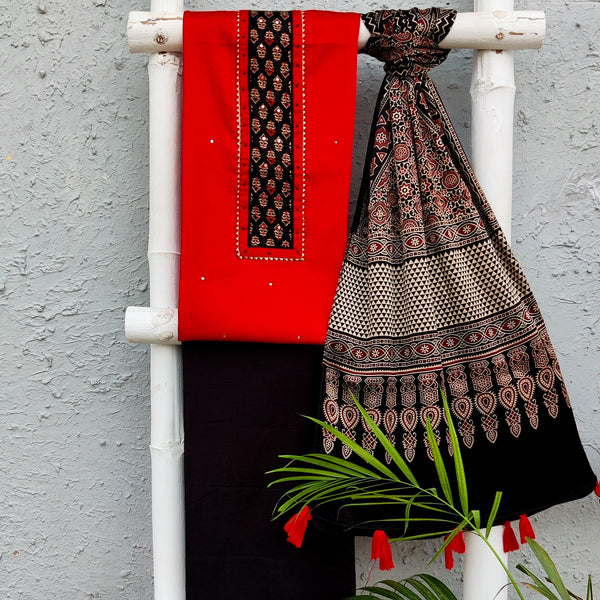 RUBY- Red Mashru Satin With Ajak Embellished Yoke Top With Black Pant And A Mashru Ajrak Dupatta