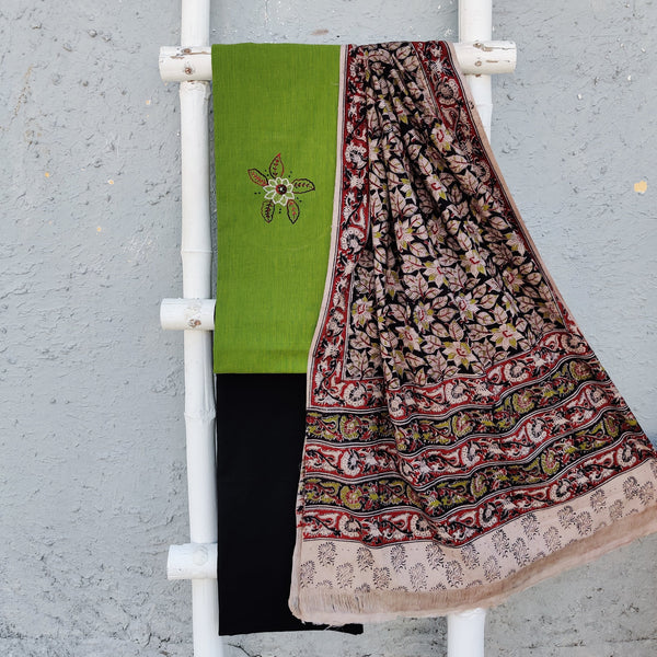 RUSTIC GREEN - Pure Cotton Handloom Top With Embroidered Yoke With A Beautiful Kalamkari Dupatta